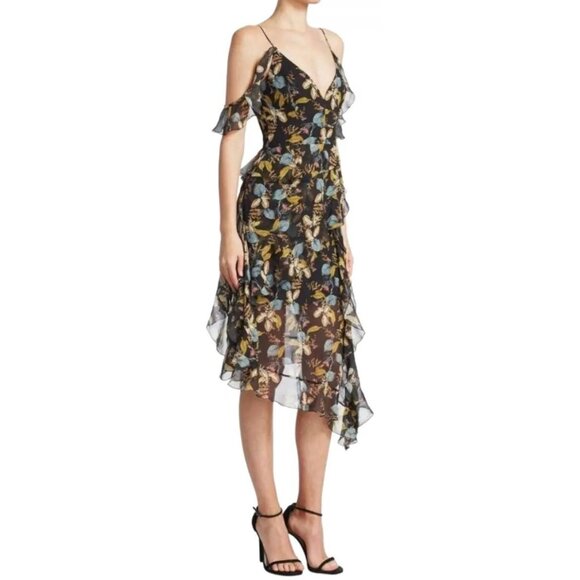 Nicholas Ava Floral Ruffled Cold Shoulder Silk Chiffon Wrap Dress Size 6 $750 - Picture 1 of 11